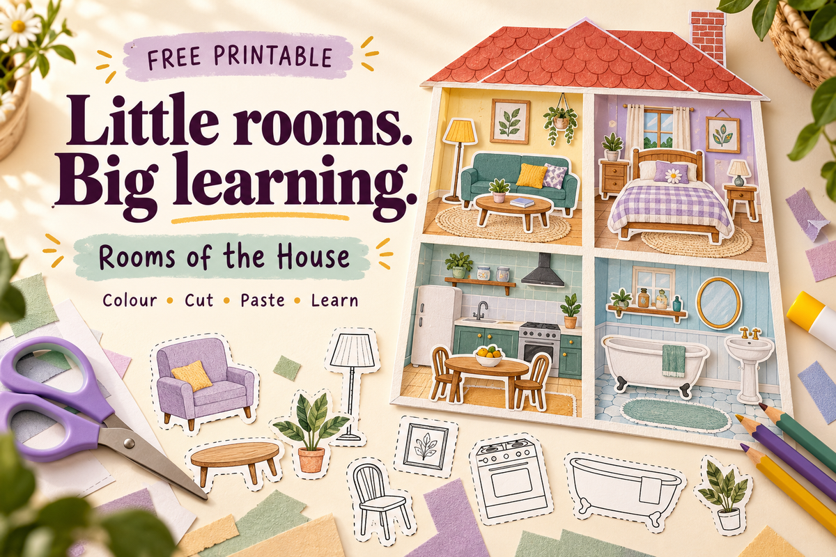 Free rooms of the house printable with colourful paper rooms and cut-and-paste furniture activities.