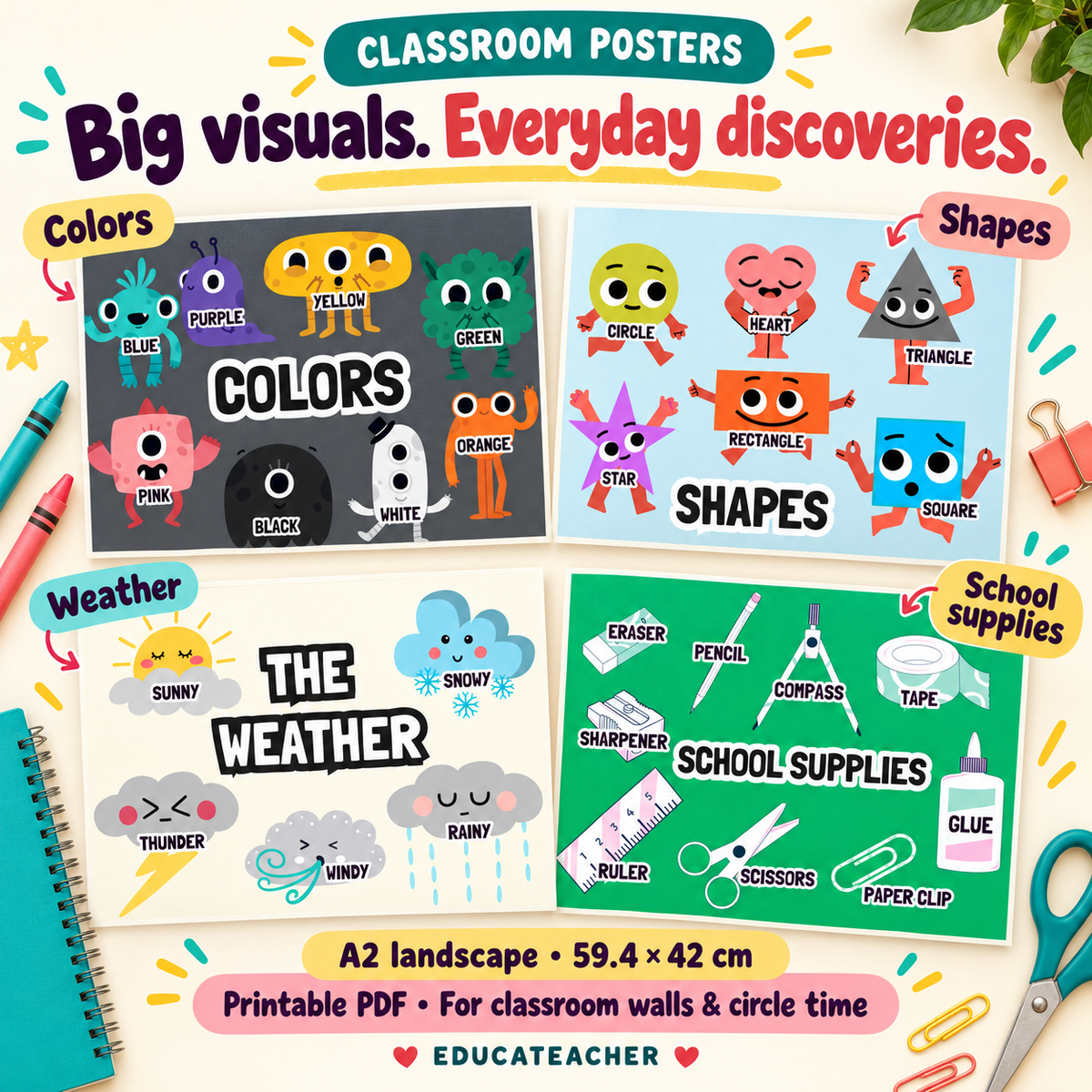 Printable English classroom vocabulary posters for colors shapes weather and school supplies