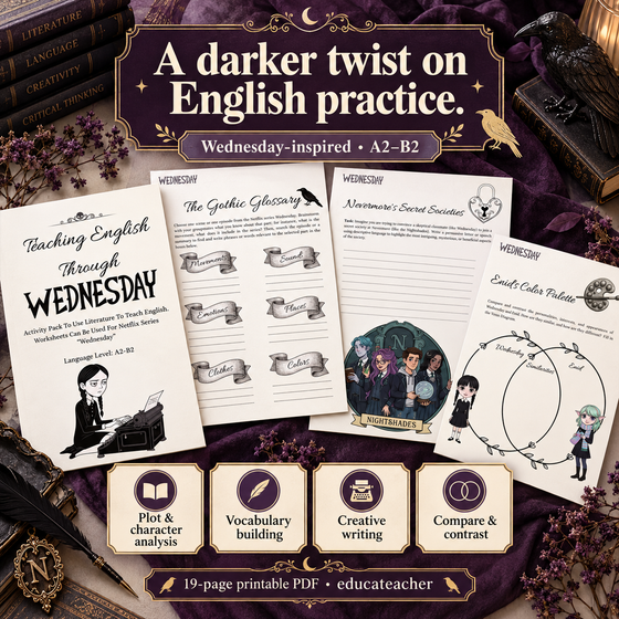 Von Wednesday inspiriertes ESL-Aktivitätspaket: Literatur & kreatives Schreiben