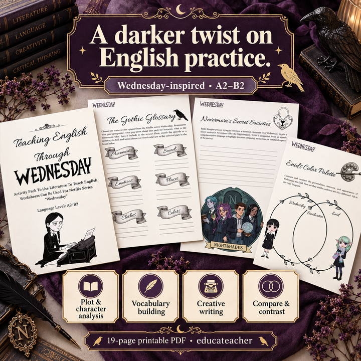 Preview of Wednesday-inspired English worksheets featuring vocabulary, persuasive writing and character comparison activities.