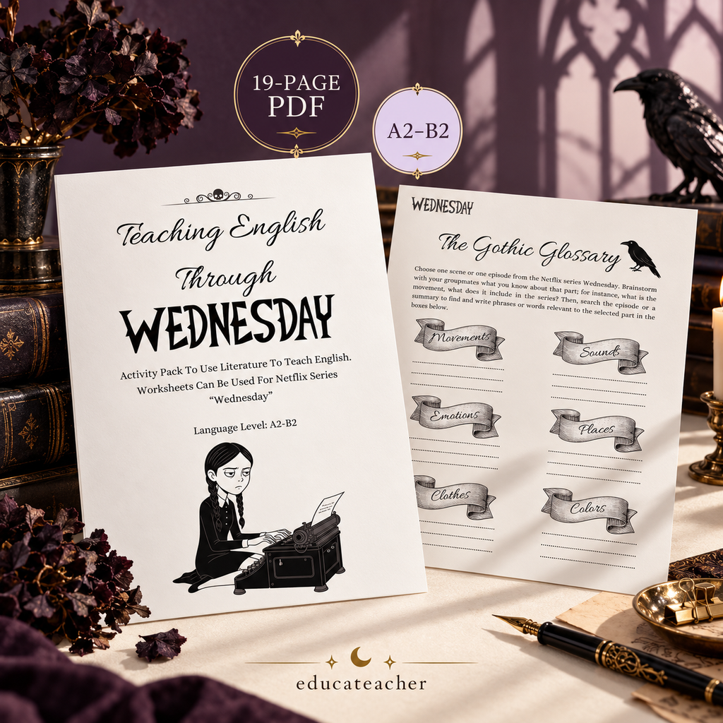     Wednesday-inspired ESL activity pack cover and vocabulary worksheet, 19-page printable PDF for A2–B2 learners.