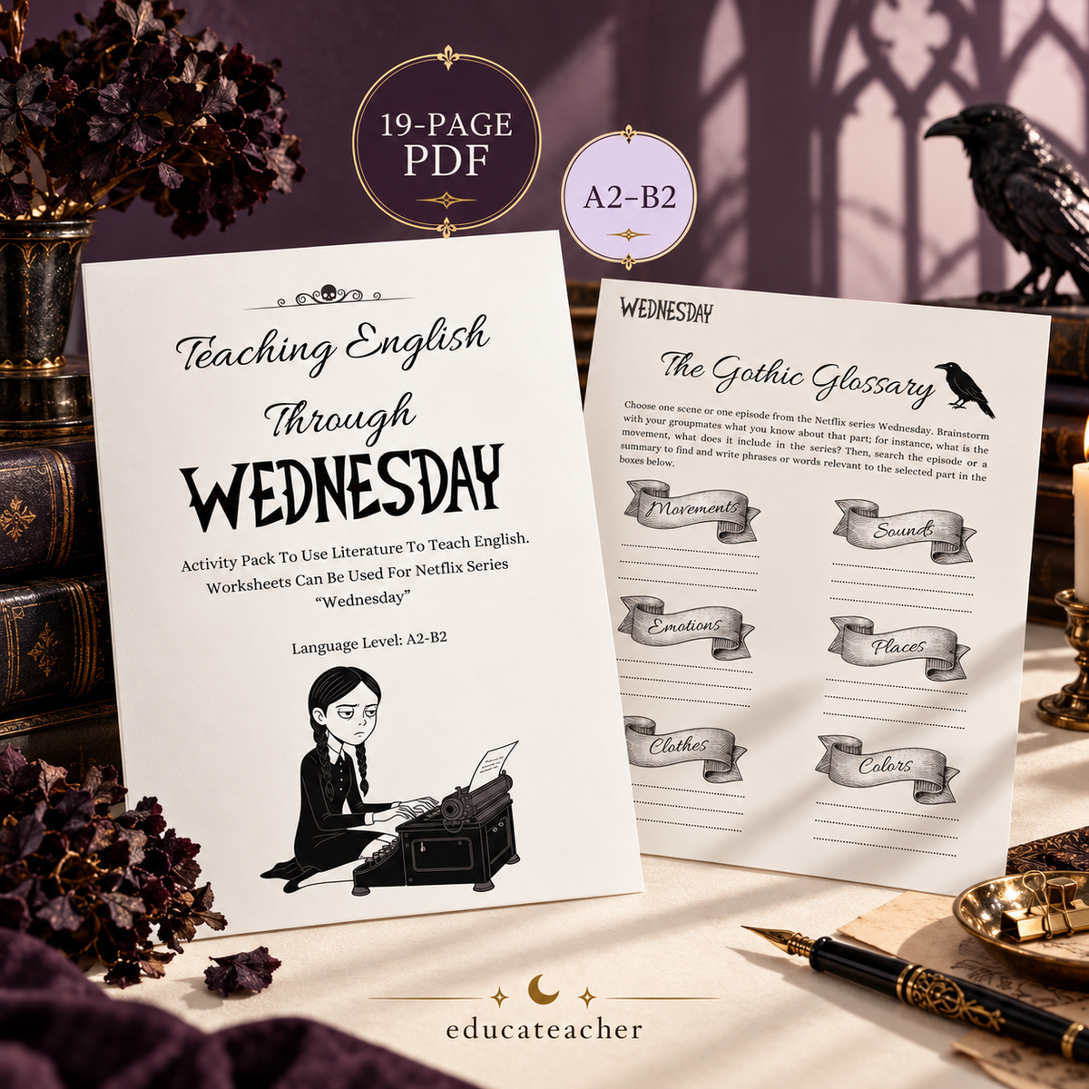     Wednesday-inspired ESL activity pack cover and vocabulary worksheet, 19-page printable PDF for A2–B2 learners.