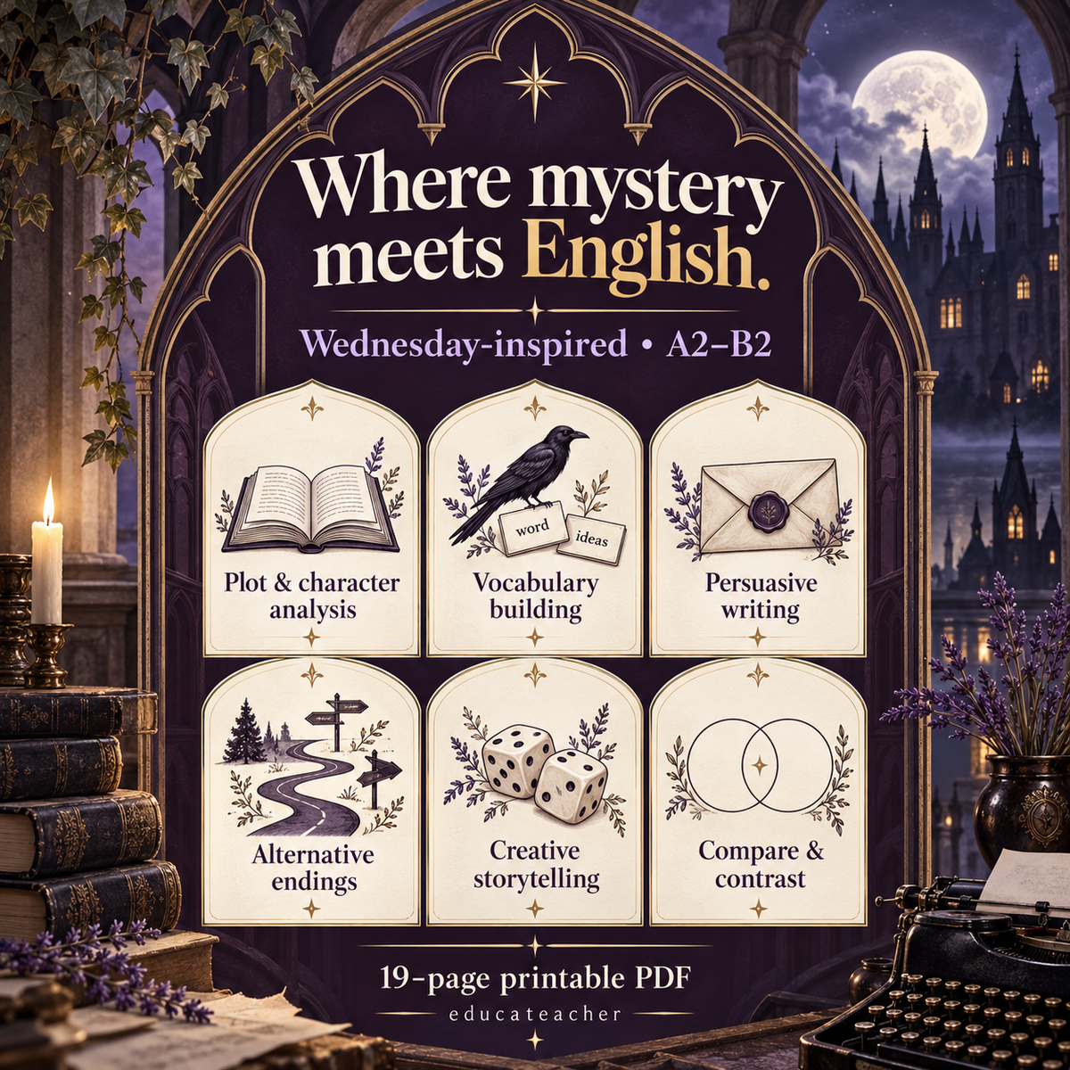Promotional graphic for a printable PDF educational resource titled 'Where mystery meets English.' The design features a dark purple gothic archway with a full moon and castle in the background, surrounded by vintage props like a typewriter, candle, books, and lavender.