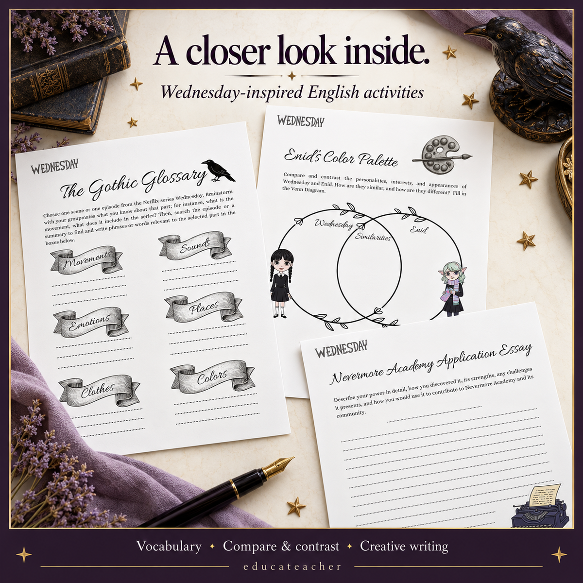 Three printable worksheet pages for Wednesday-themed English activities are arranged on a styled flat-lay background with a pen, purple flowers, a bird figurine, and decorative stars. The pages include a gothic glossary, an ends color palette activity, and a memoir academy application essay.