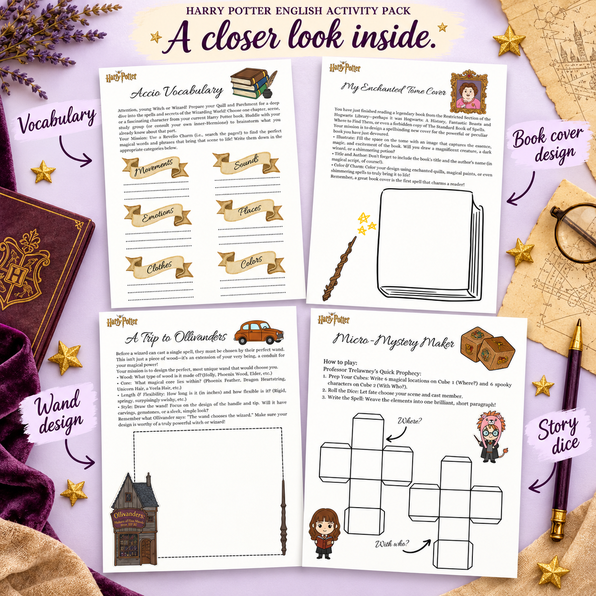 Harry Potter English worksheets featuring vocabulary practice, book cover design, wand design, and story dice for A2–B2 learners.