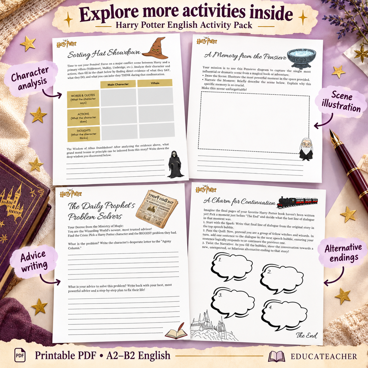 Harry Potter English worksheets featuring character analysis, scene illustration, advice writing, and alternative endings for A2–B2 learners.