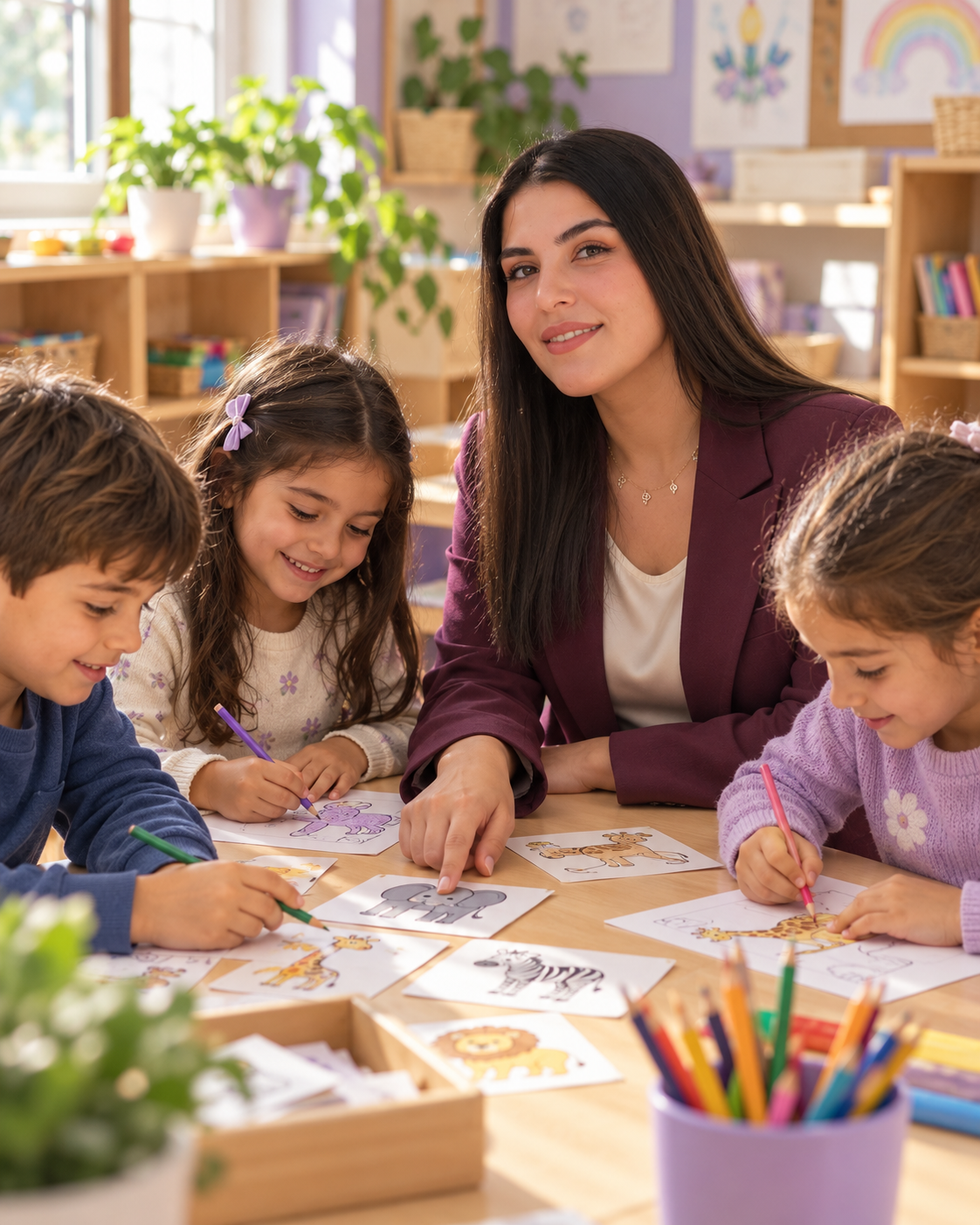 Illustrative scene of Arzu helping children with animal activities