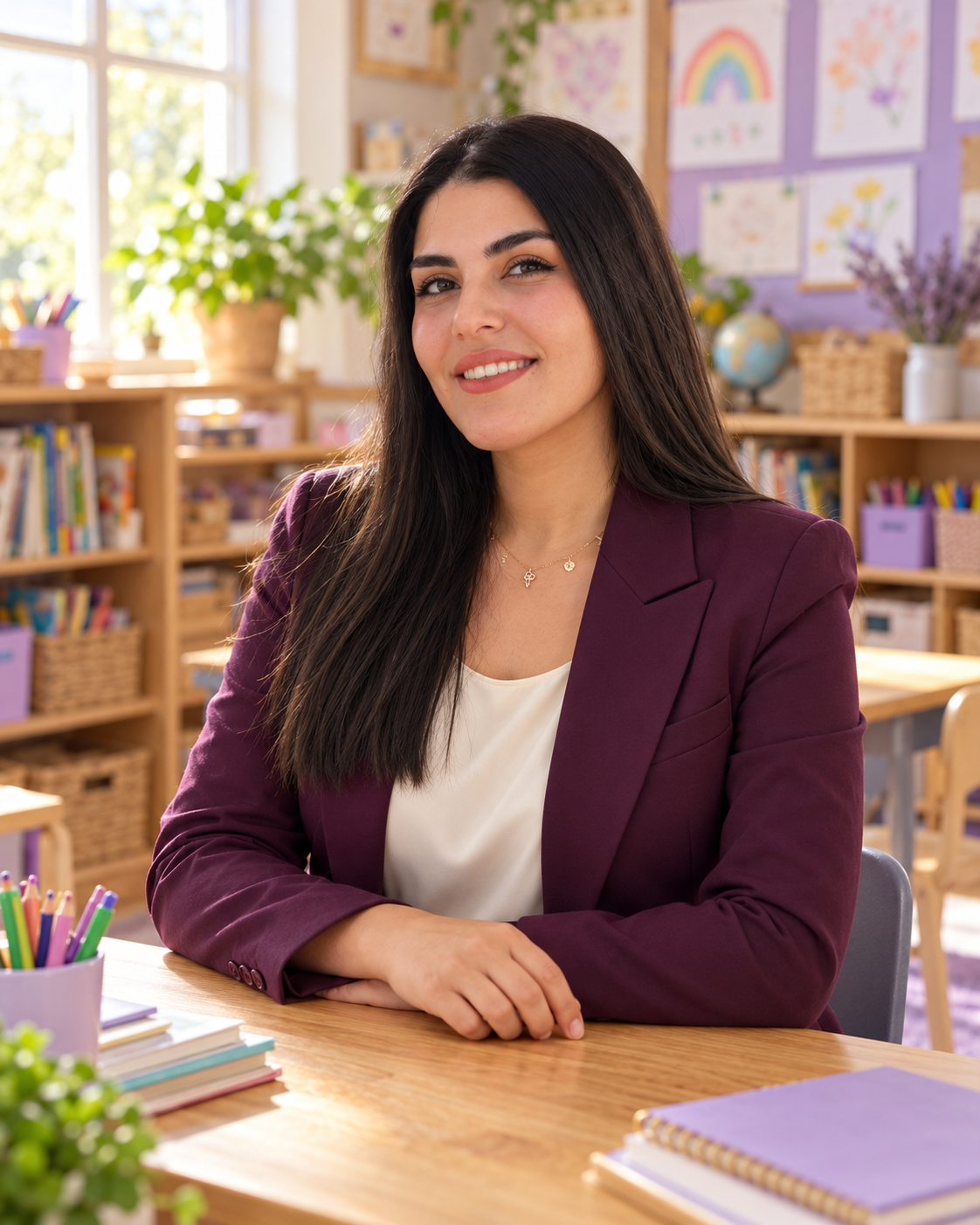 Arzu in a plum suit in a classroom