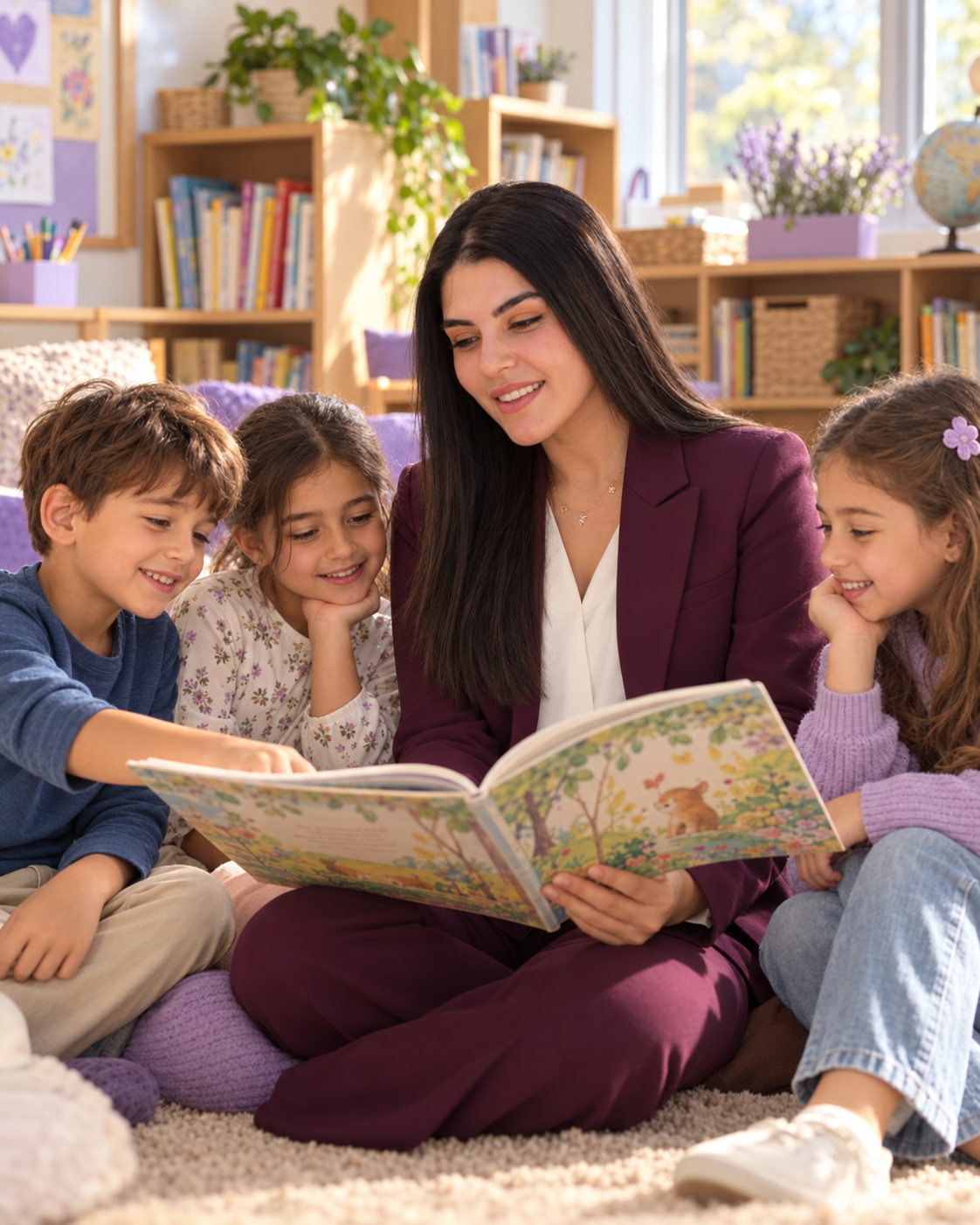 Illustrative scene of Arzu reading a picture book with children