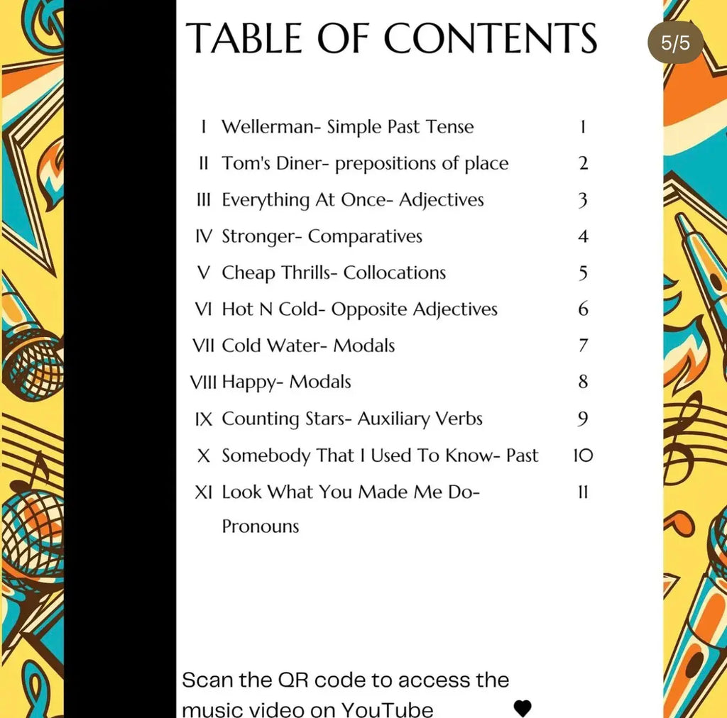 A book or album cover showing a table of contents on a white background with black text, a black vertical band, and colorful illustrated side panels in orange, yellow, blue, and green.