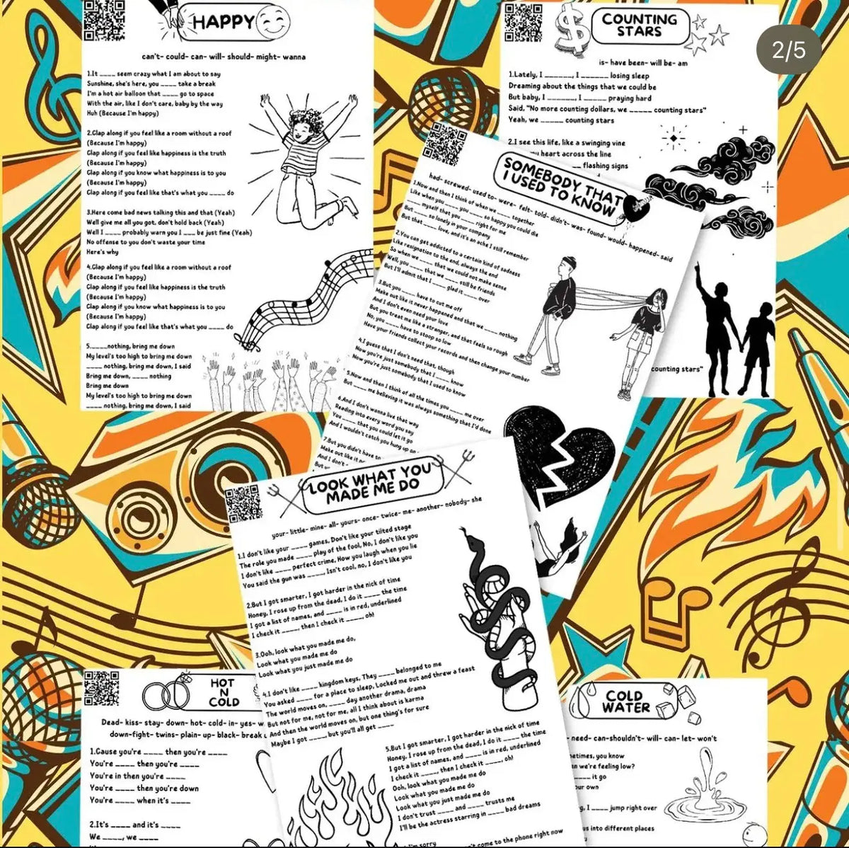 A collage of printed worksheet pages with black line drawings and text, overlaid on a colorful abstract background featuring orange, teal, yellow, and black doodles and musical symbols.