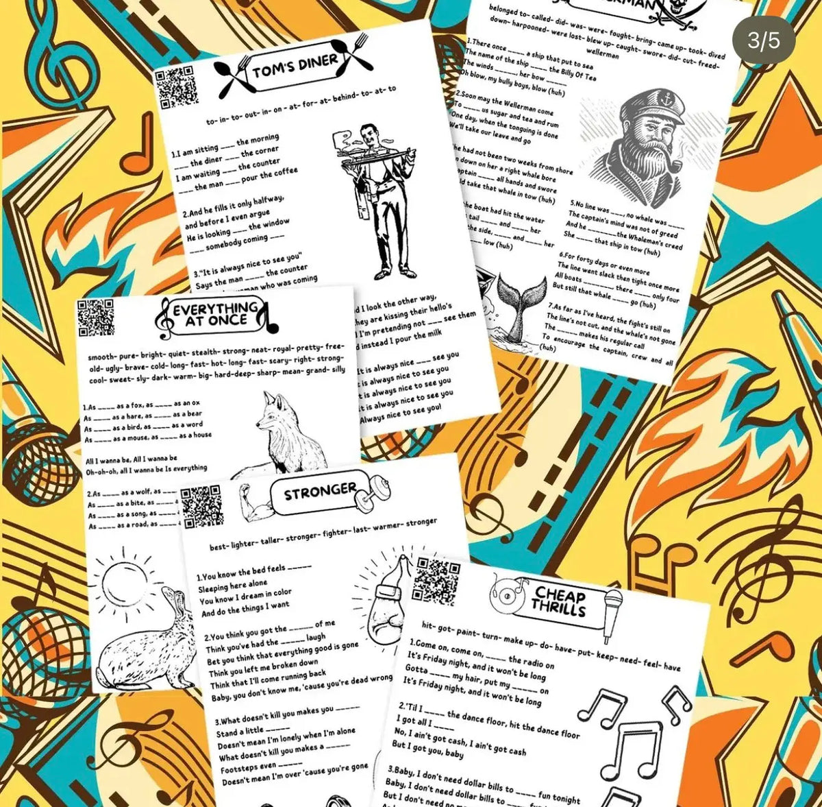 Five printed worksheet pages titled about Tom's dinner and song lyrics are arranged on a colorful illustrated background with musical notes, instruments, and abstract line art.