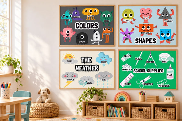 Colourful printable classroom posters displayed in a learning space